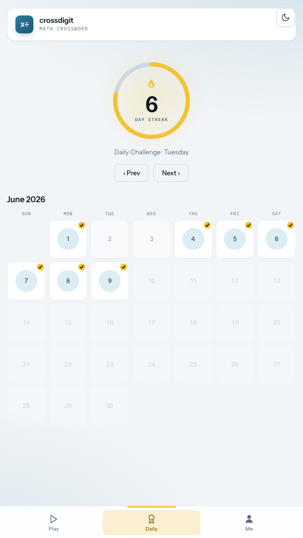 Daily challenge calendar with a streak